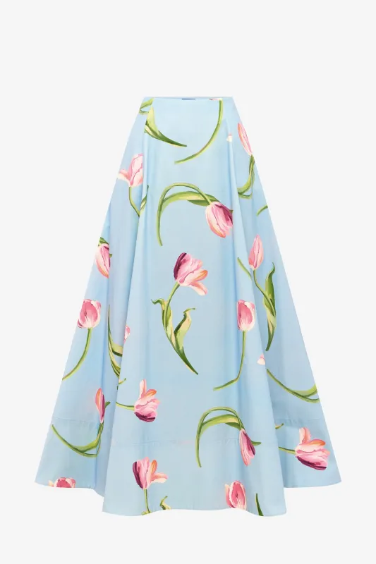Elina Maxi Skirt - Tulip Print in Blue made by LEO LIN
