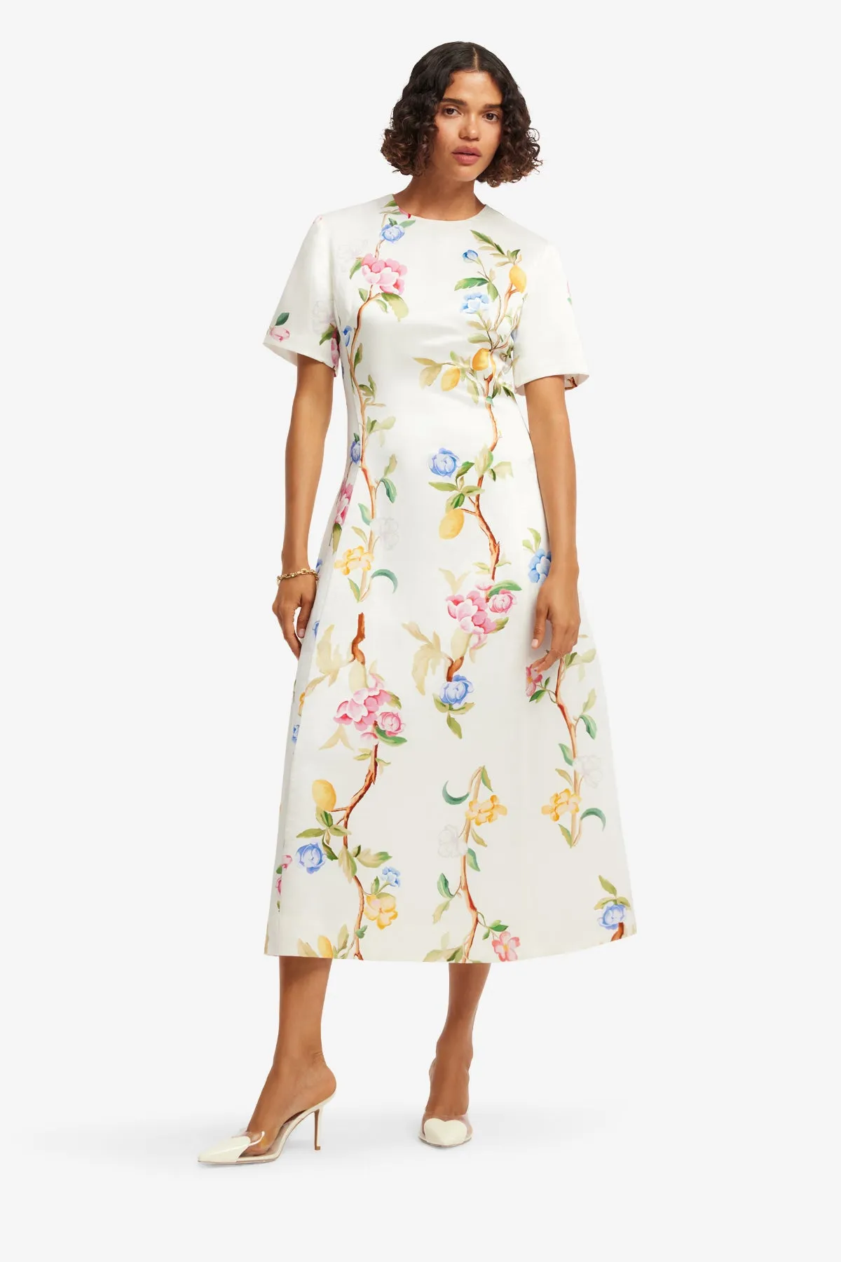 Caroline Short Sleeve Midi Dress - Lemon Vine Print in Snow sold by LEO LIN product image thumbnail 3