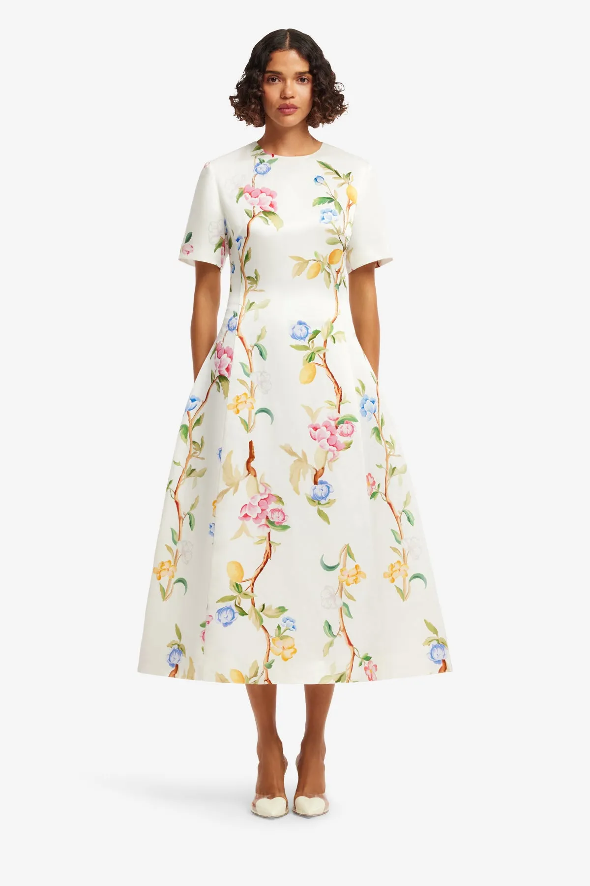 Caroline Short Sleeve Midi Dress - Lemon Vine Print in Snow sold by LEO LIN product image thumbnail 2