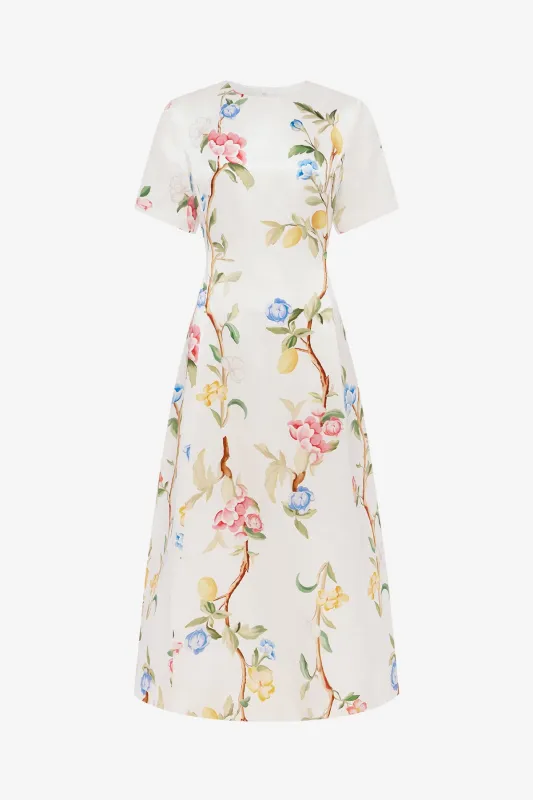 Caroline Short Sleeve Midi Dress - Lemon Vine Print in Snow made by LEO LIN