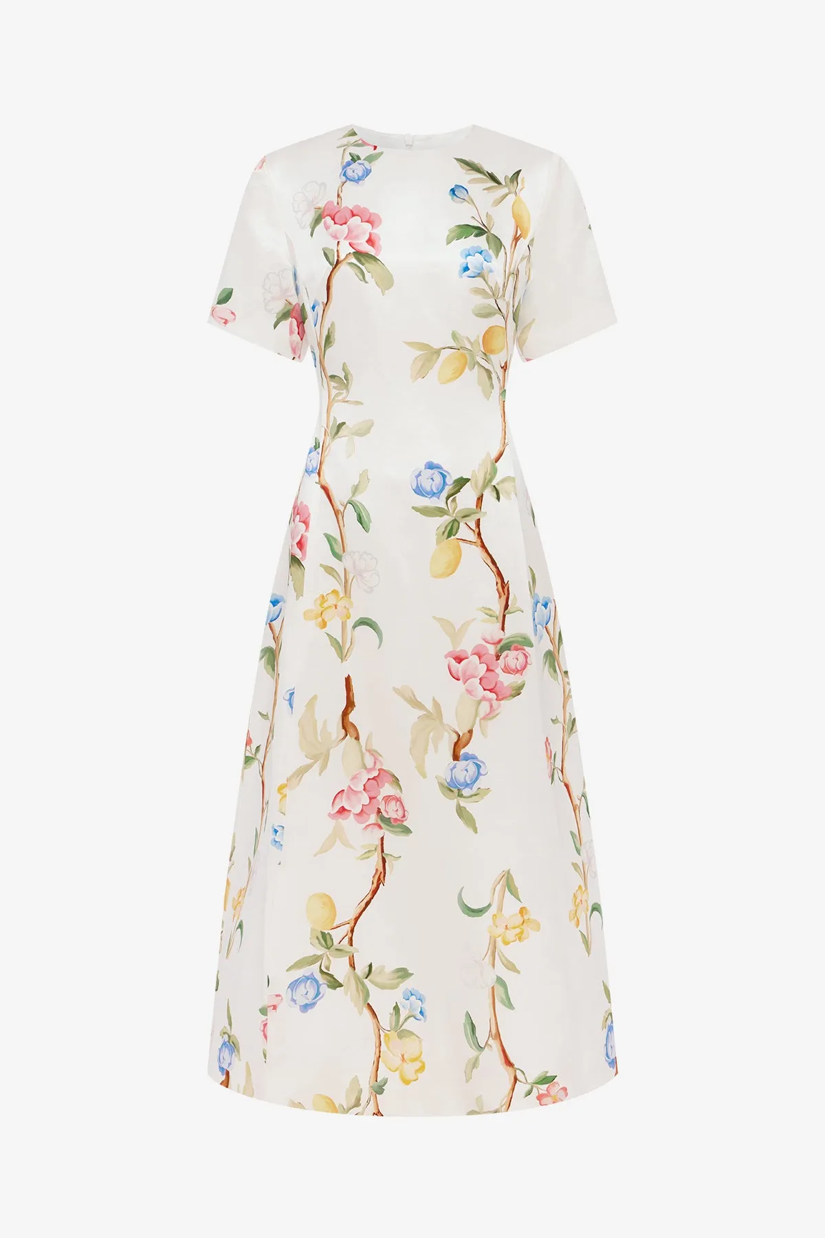 Caroline Short Sleeve Midi Dress - Lemon Vine Print in Snow sold by LEO LIN