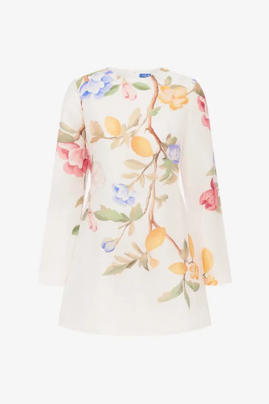 Aliza Long Sleeve Mini Dress - Lemon Vine Print in Snow made by LEO LIN