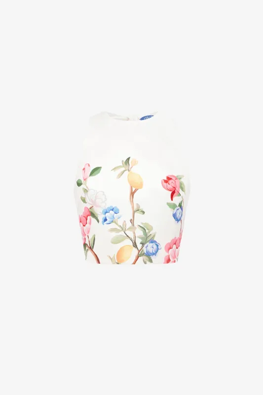 Ella Bow Backless Top - Lemon Vine Print in Snow made by LEO LIN