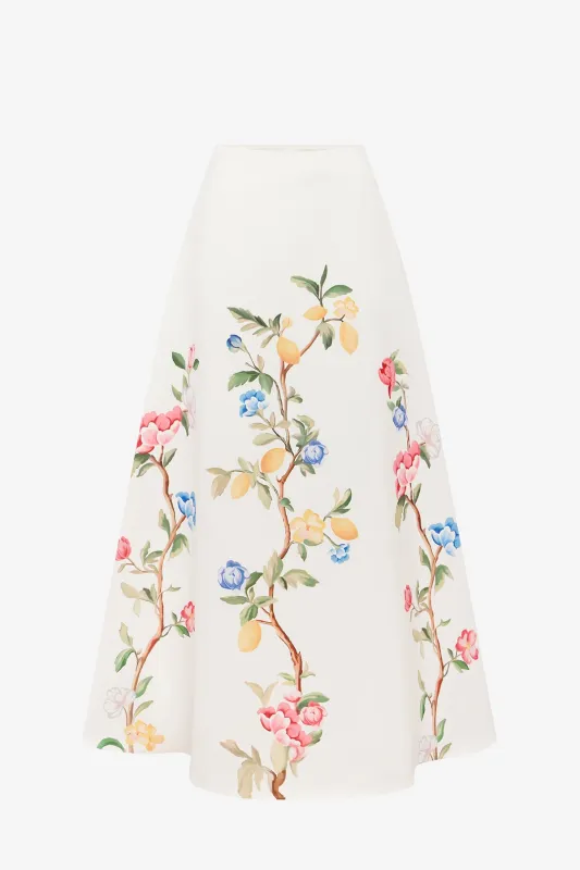 Clara Maxi Skirt - Lemon Vine Print in Snow made by LEO LIN