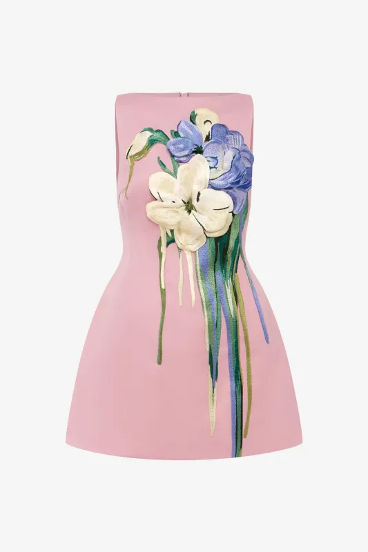 Ali Embroidered Boat Neck Mini Dress - Bouquet Print in Pastel Pink made by LEO LIN