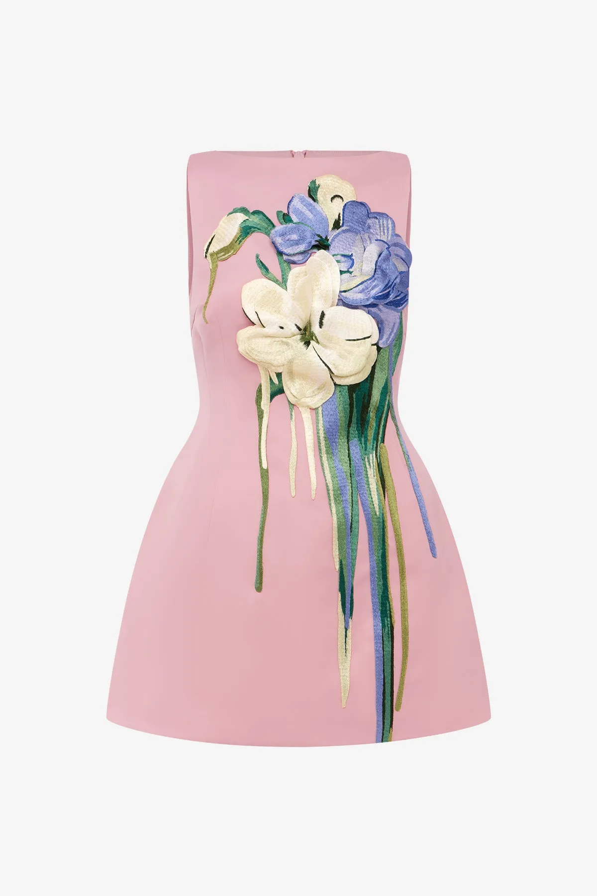 Ali Embroidered Boat Neck Mini Dress - Bouquet Print in Pastel Pink sold by LEO LIN