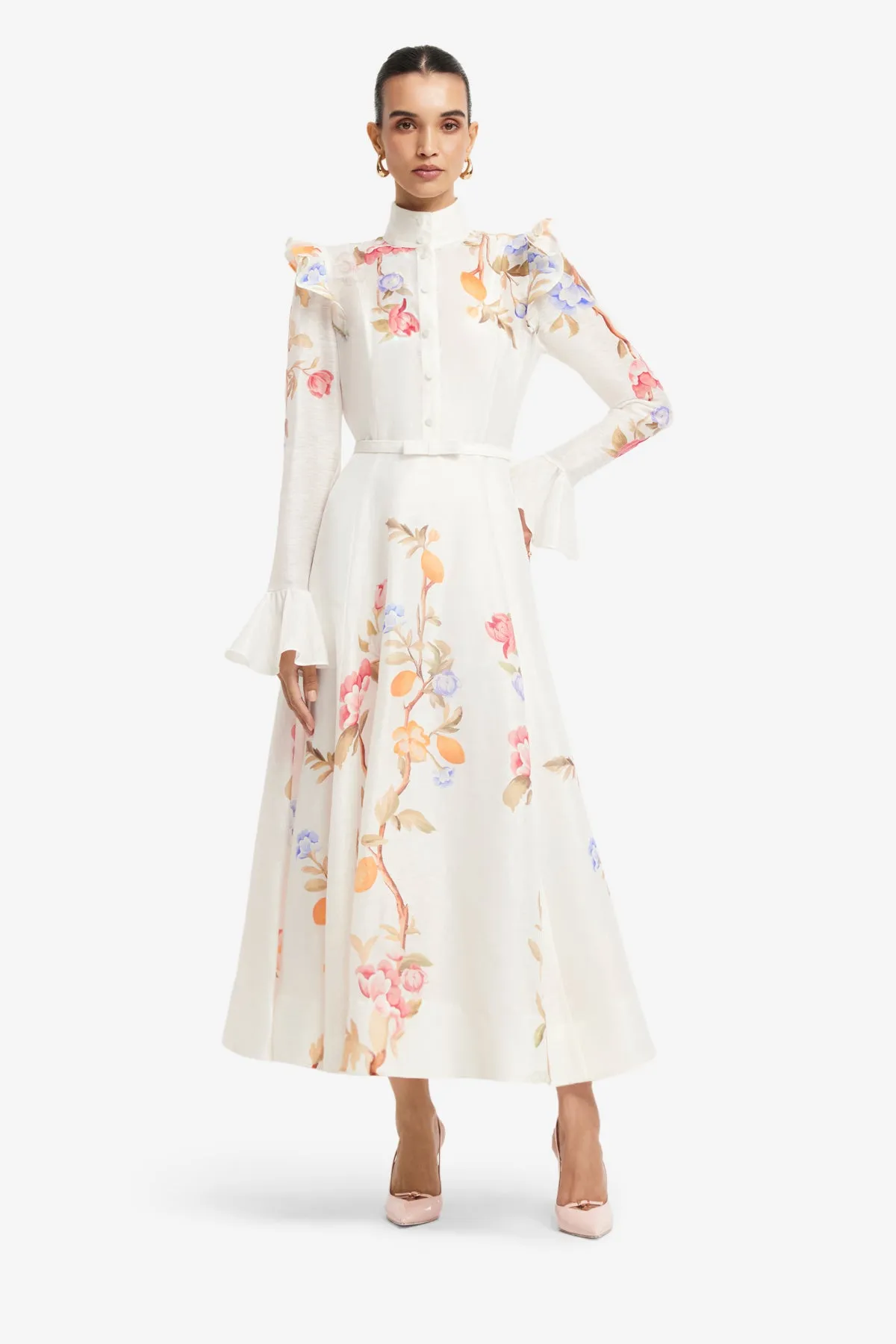 Selina Butterfly Sleeve Midi Dress - Lemon Vine Print in Snow sold by LEO LIN product image thumbnail 3