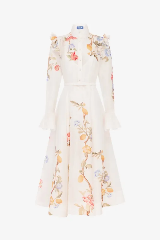 Selina Butterfly Sleeve Midi Dress - Lemon Vine Print in Snow made by LEO LIN