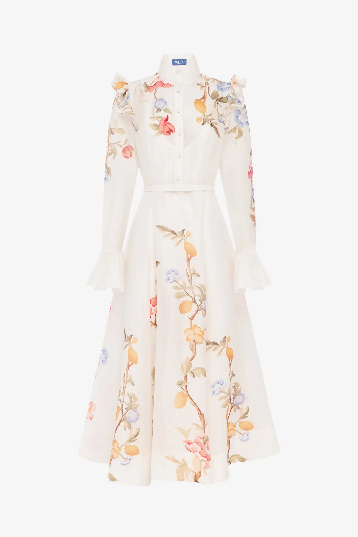 Selina Butterfly Sleeve Midi Dress - Lemon Vine Print in Snow sold by LEO LIN