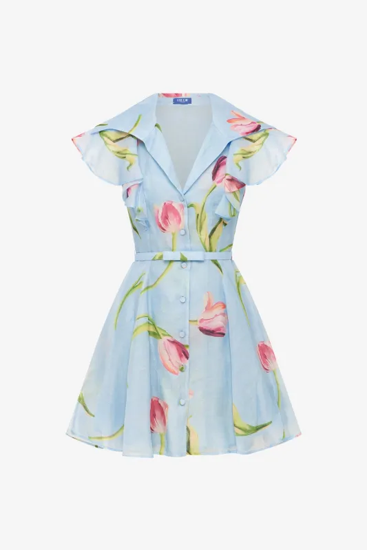 Isla Mini Dress - Tulip Print in Blue made by LEO LIN