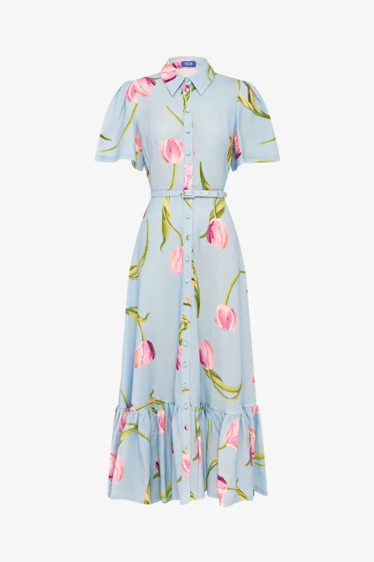 Becca Short Sleeve Midi Dress - Tulip Print in Blue made by LEO LIN