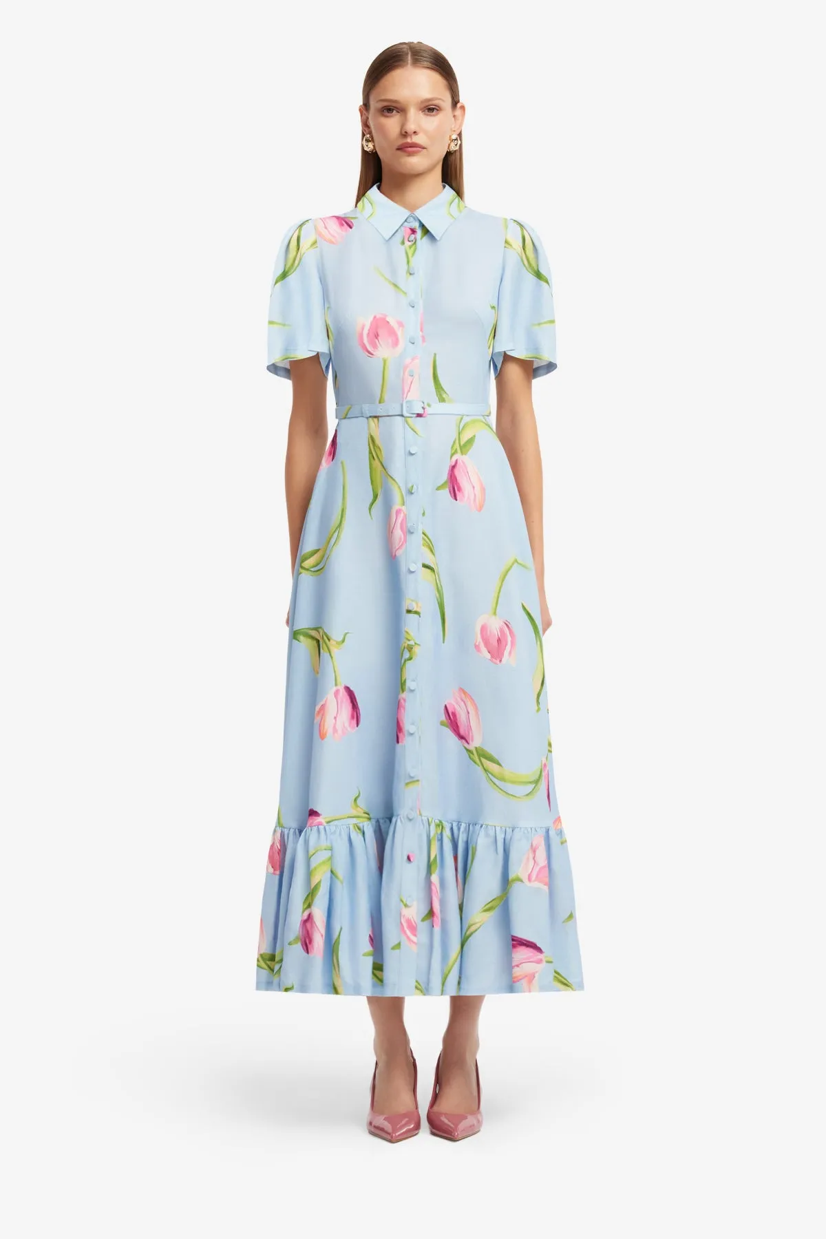 Becca Short Sleeve Midi Dress - Tulip Print in Blue sold by LEO LIN product image thumbnail 2