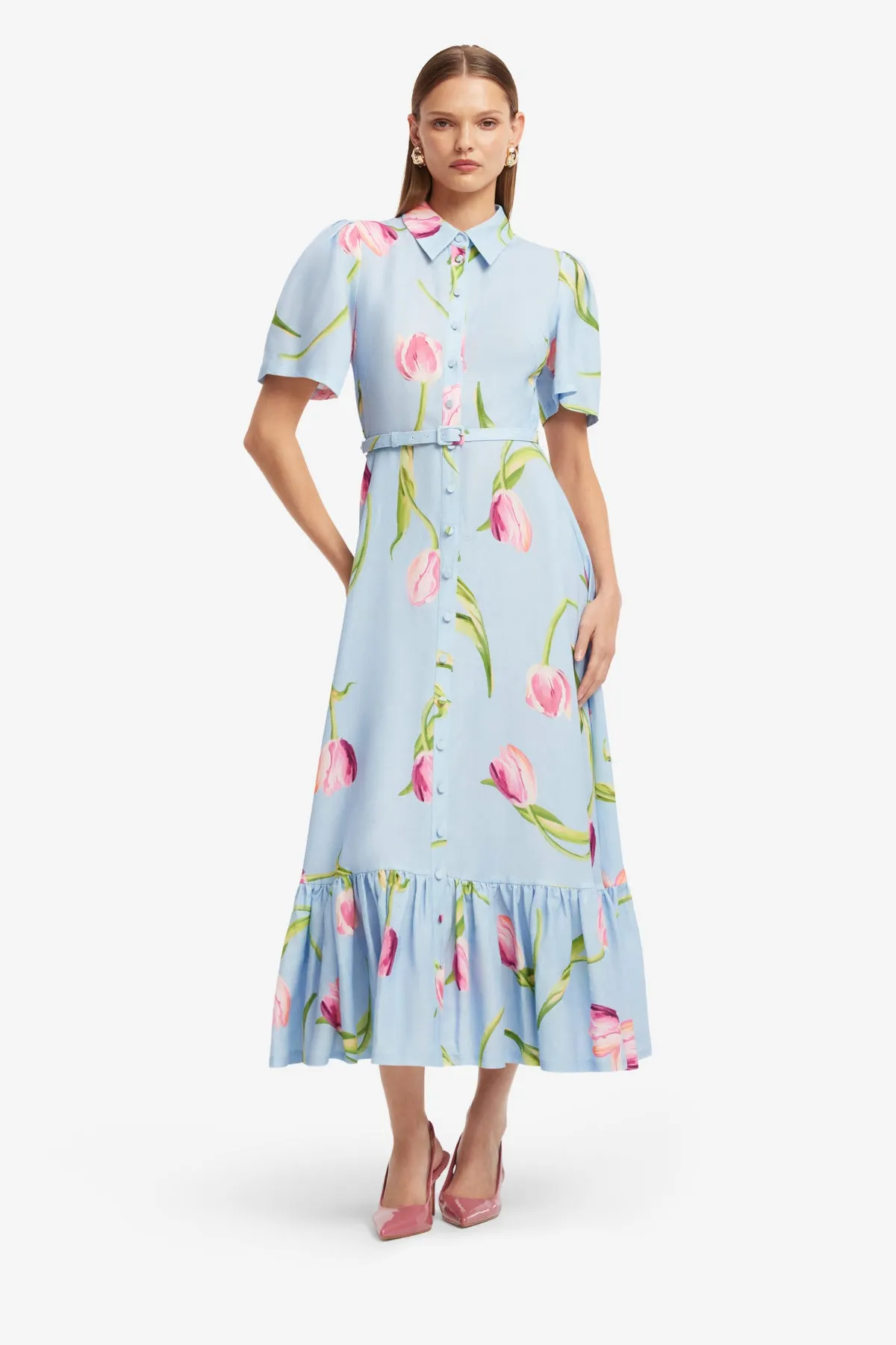 Becca Short Sleeve Midi Dress - Tulip Print in Blue sold by LEO LIN product image thumbnail 3
