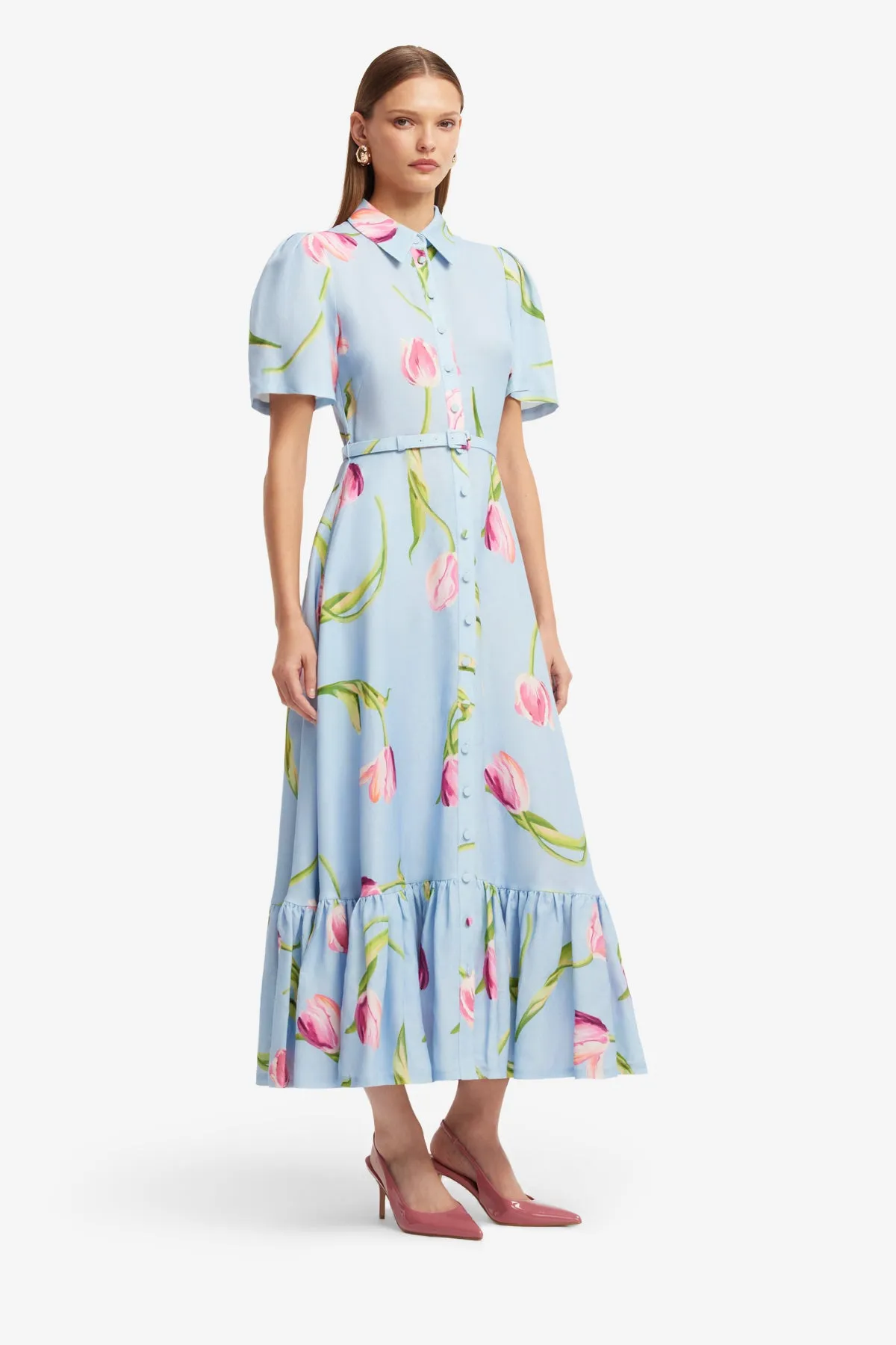Becca Short Sleeve Midi Dress - Tulip Print in Blue sold by LEO LIN product image thumbnail 4