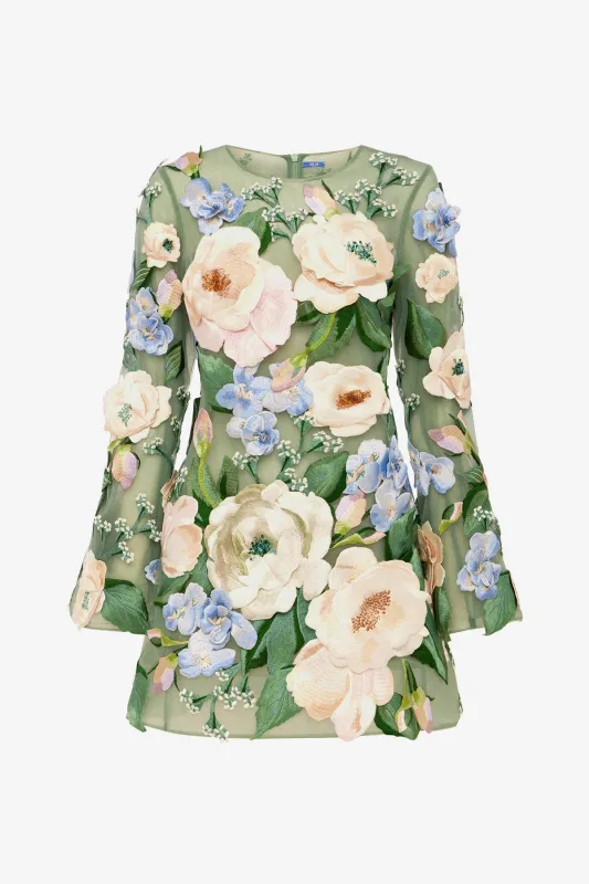 Suzanne Floral Hand-Embroidered Bell Sleeve Mini Dress - Blossom made by LEO LIN