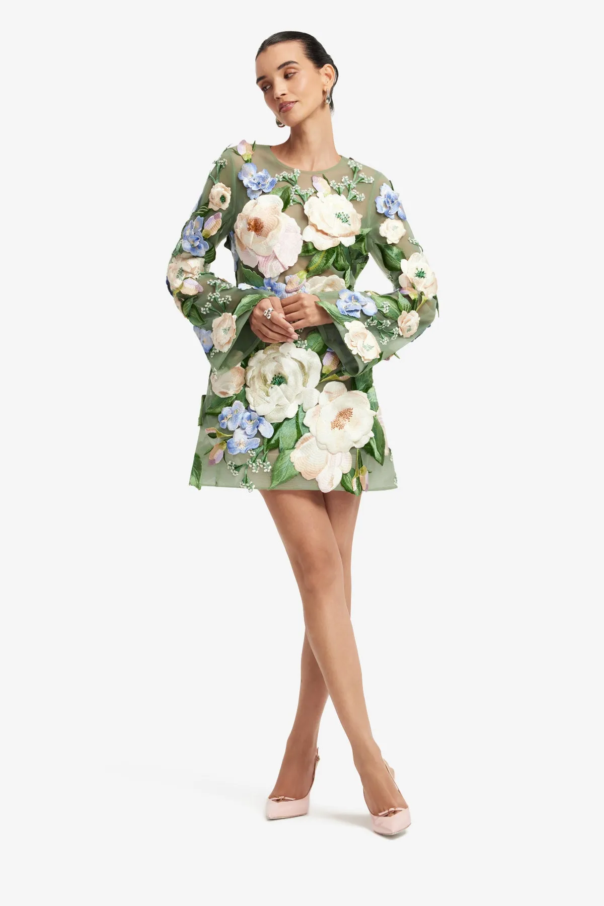 Suzanne Floral Hand-Embroidered Bell Sleeve Mini Dress - Blossom sold by LEO LIN product image thumbnail 3