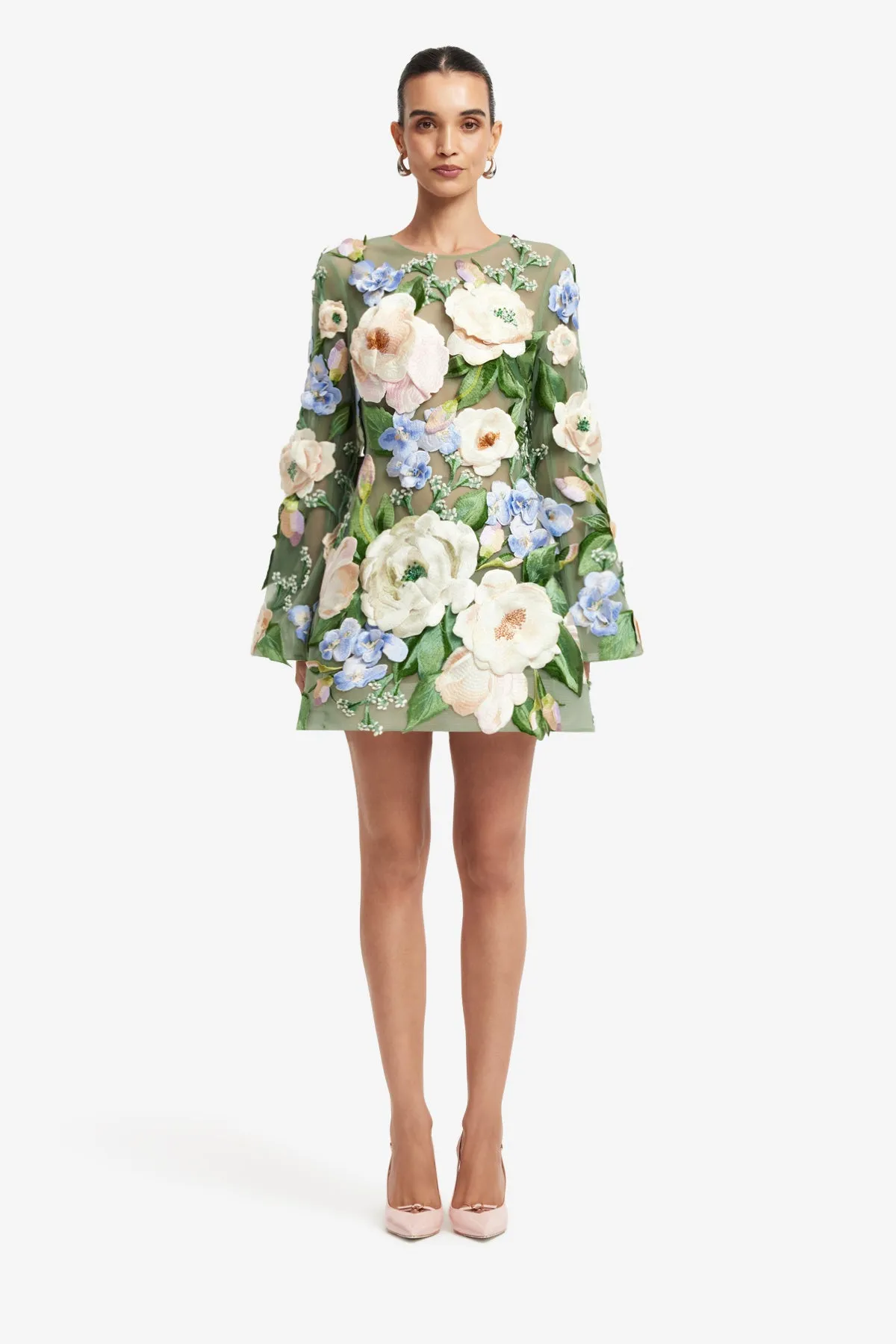 Suzanne Floral Hand-Embroidered Bell Sleeve Mini Dress - Blossom sold by LEO LIN product image thumbnail 2