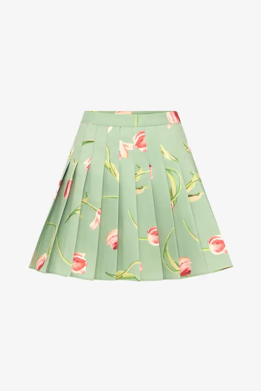 Melody Pleated Mini Skirt - Tulip Print in Green made by LEO LIN