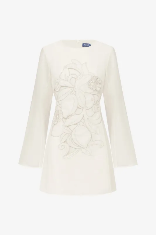 Suzanne Appliqué Bell Sleeve Mini Dress - Snow made by LEO LIN