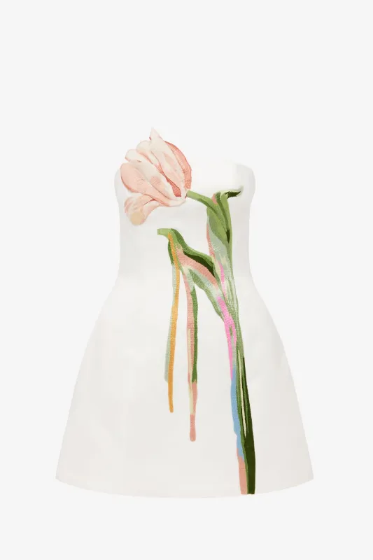 Roselle Bustier Mini Dress - Tulip Print in Snow made by LEO LIN