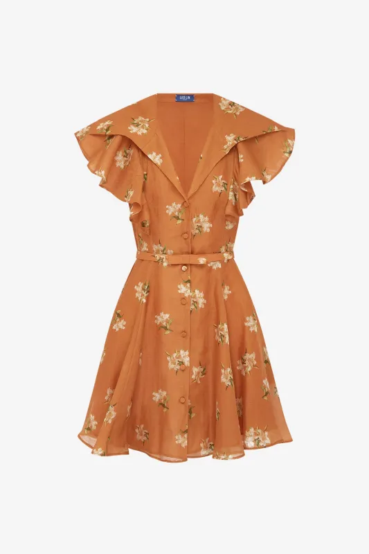 Isla Mini Dress - Lily Print in Ochre made by LEO LIN