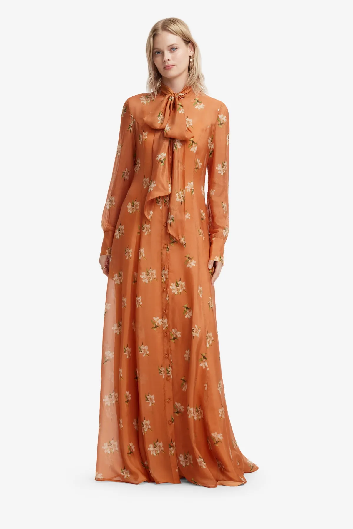 Lilith Tie Neck Maxi Dress - Lily Print in Ochre sold by LEO LIN product image thumbnail 3