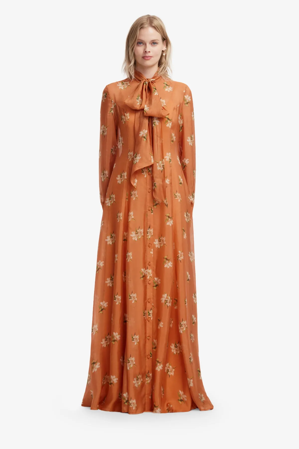Lilith Tie Neck Maxi Dress - Lily Print in Ochre sold by LEO LIN product image thumbnail 2