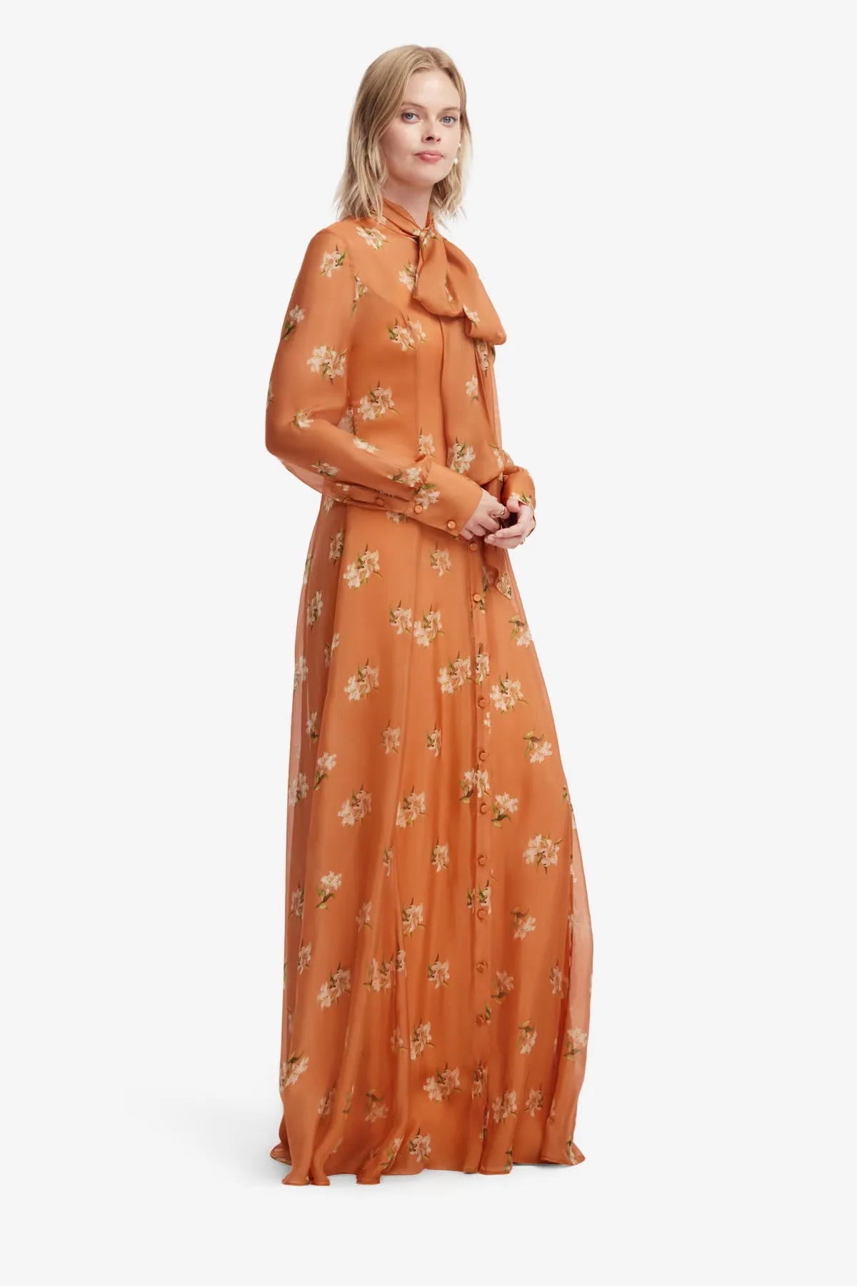 Lilith Tie Neck Maxi Dress - Lily Print in Ochre sold by LEO LIN product image thumbnail 4