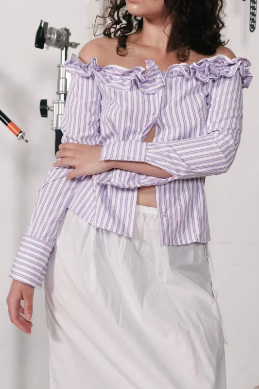 JESSIE RUFFLE SHIRT | PURPLE PINSTRIPE sold by SISTER Studios