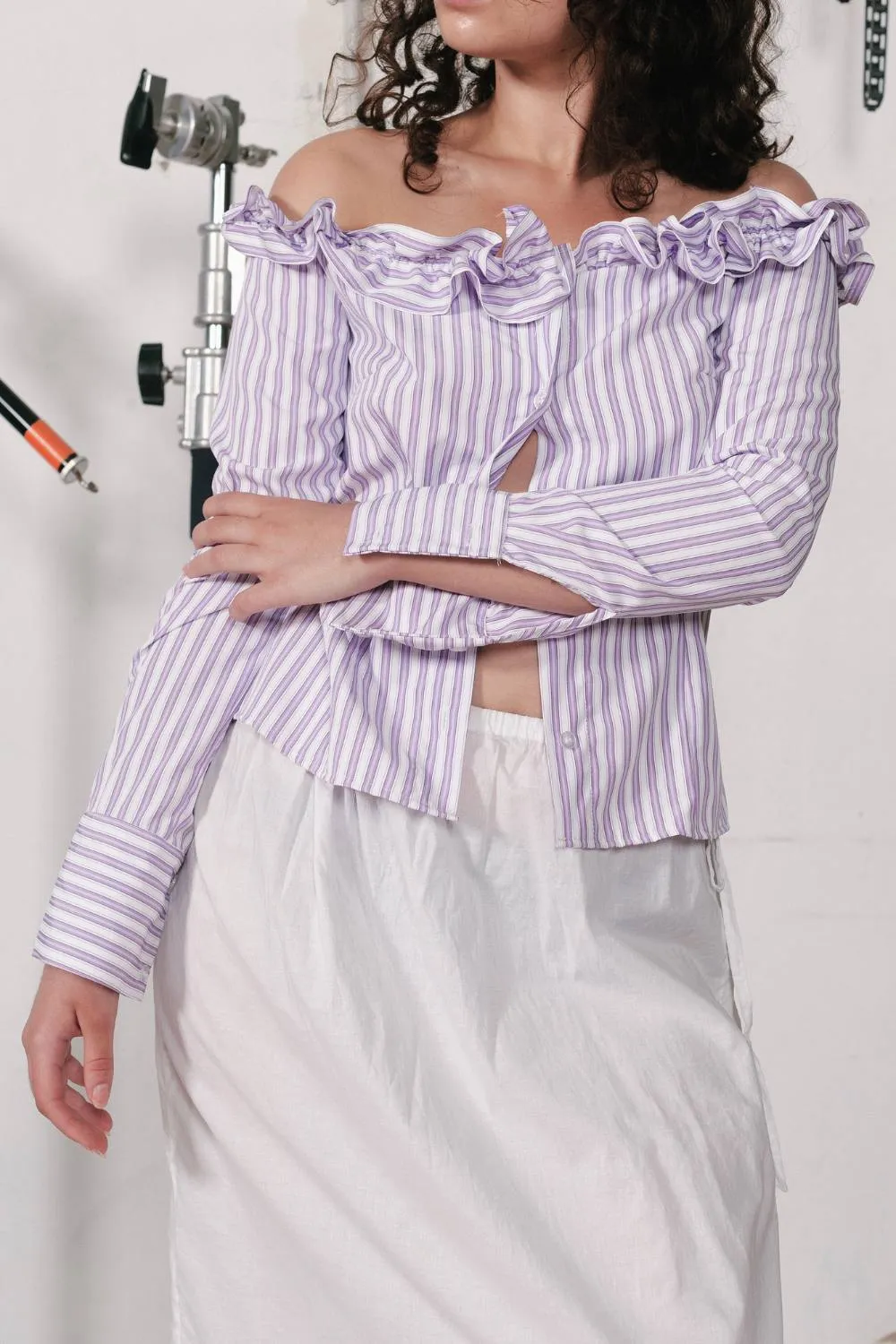 JESSIE RUFFLE SHIRT | PURPLE PINSTRIPE sold by SISTER Studios