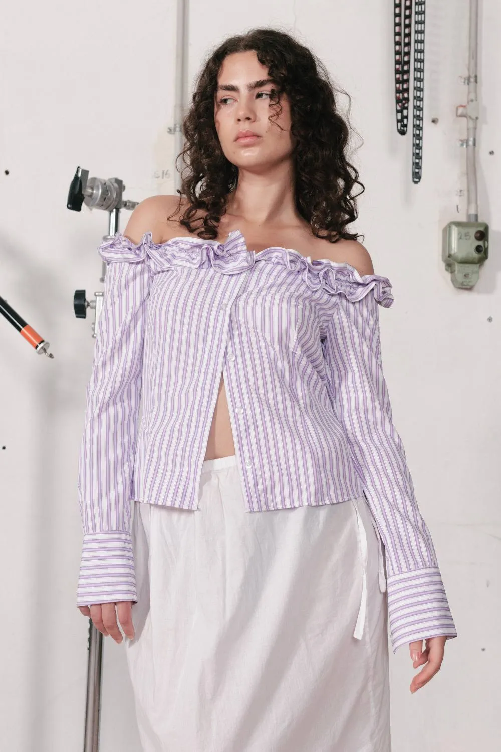 JESSIE RUFFLE SHIRT | PURPLE PINSTRIPE sold by SISTER Studios product image thumbnail 2