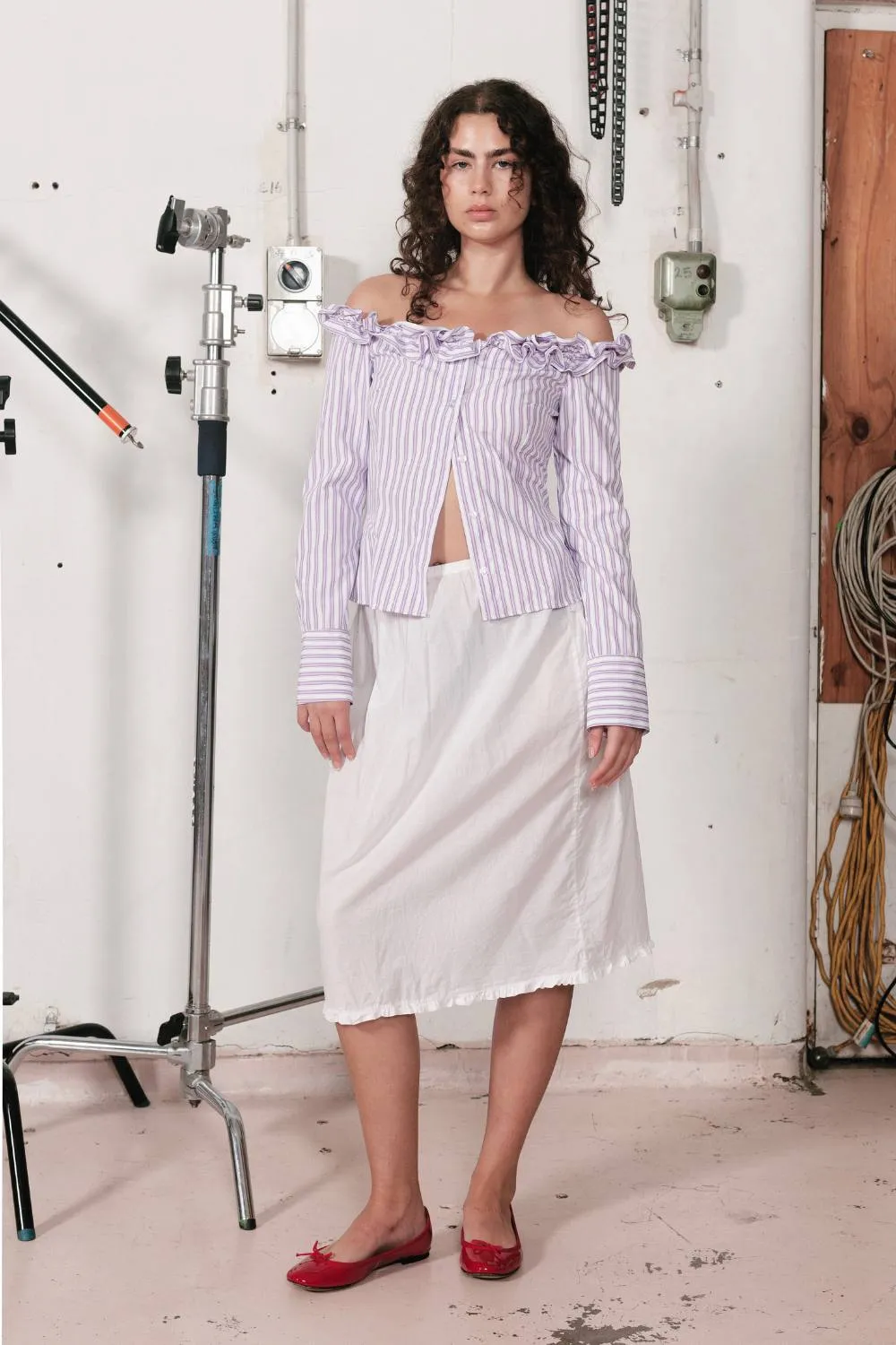 JESSIE RUFFLE SHIRT | PURPLE PINSTRIPE sold by SISTER Studios product image thumbnail 3