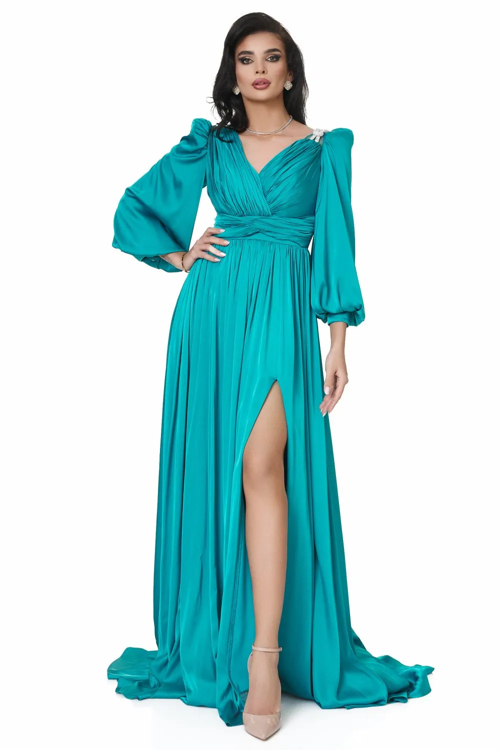 Rochie lunga voal satinat turcoaz Cristalini Bogas sold by bogas product image thumbnail 5