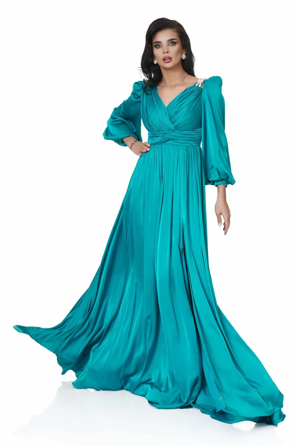 Rochie lunga voal satinat turcoaz Cristalini Bogas sold by bogas product image thumbnail 2