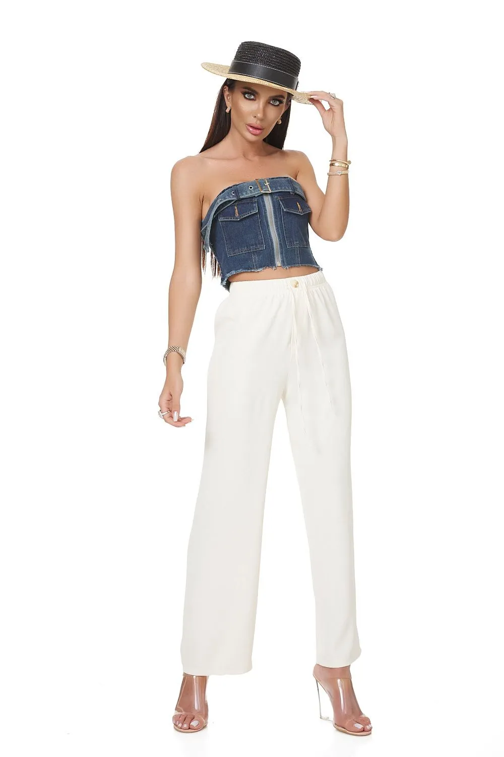 Pantaloni dama casual albi Chalciope Bogas sold by bogas