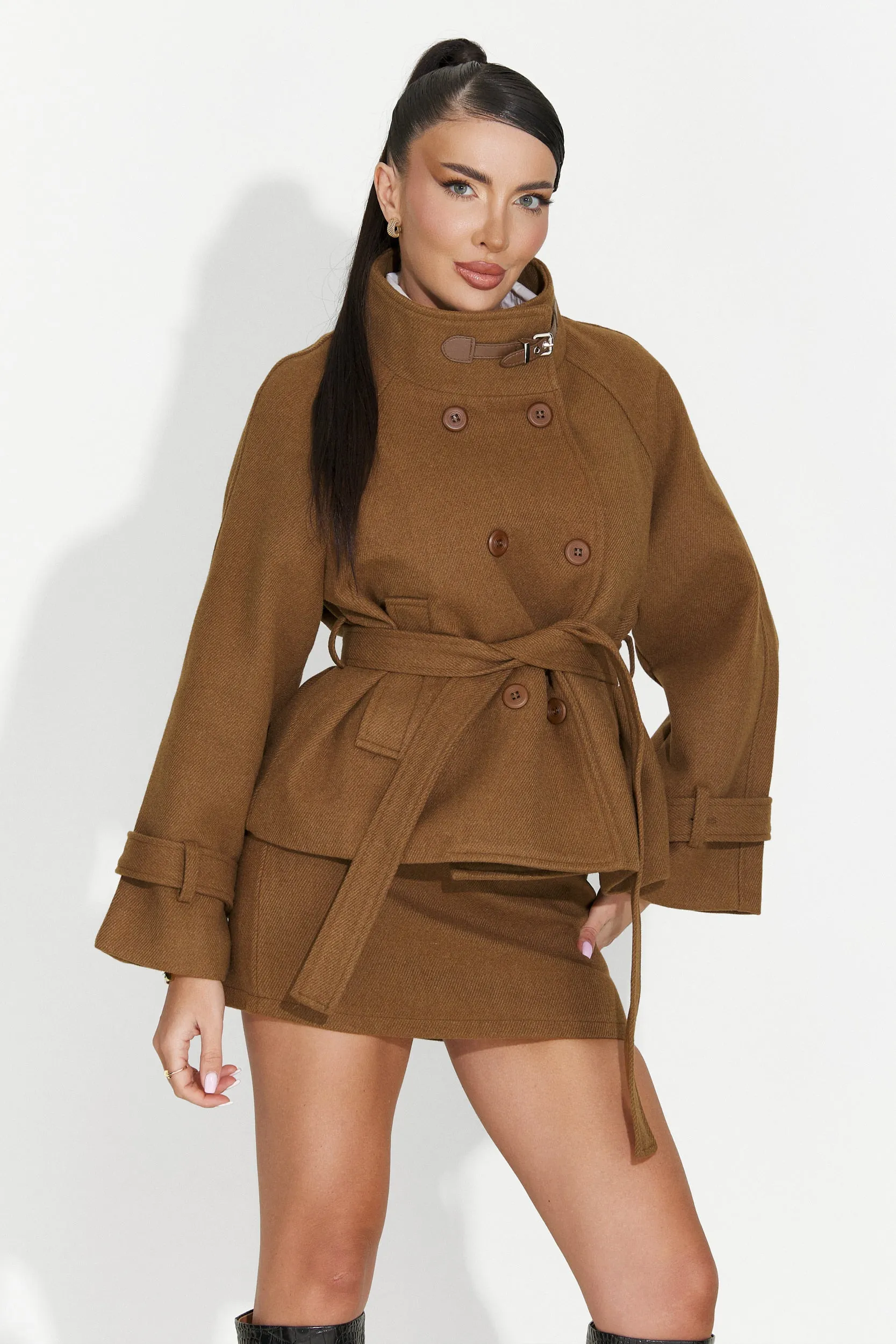 Costum dama sacou + fusta maro Ulmira Bogas sold by bogas