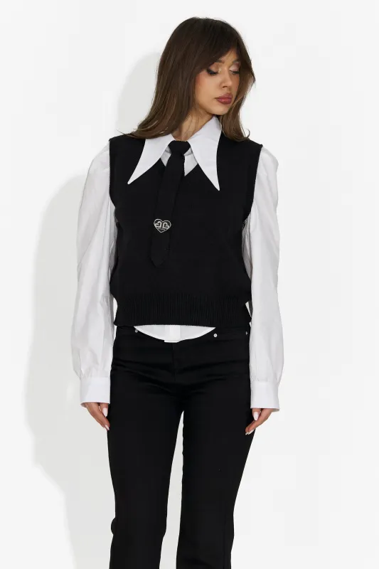 Set dama 3 piese camasa + vesta + cravata neagra Ofeliana Bogas made by bogas