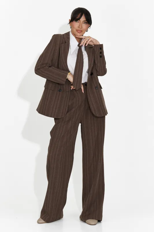 Costum dama 3 piese sacou + pantaloni + cravata maro Anhelica B made by bogas