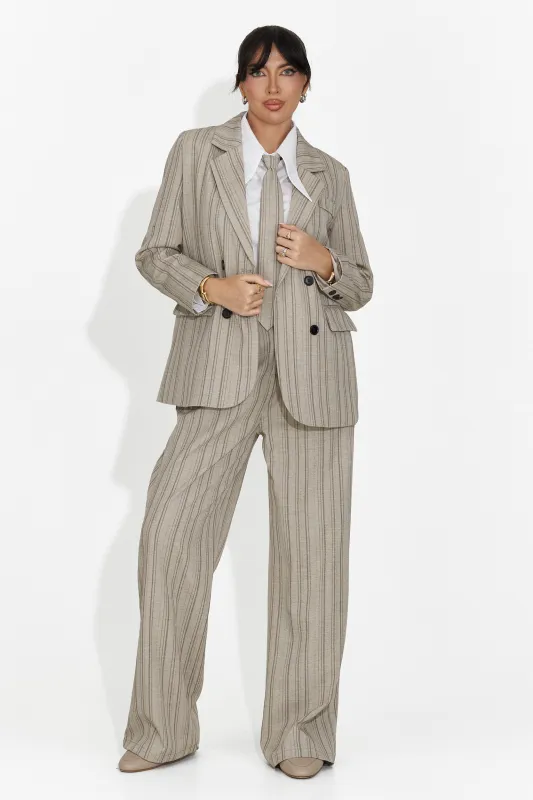 Costum dama 3 piese sacou + pantaloni + cravata bej Anhelica Bo made by bogas