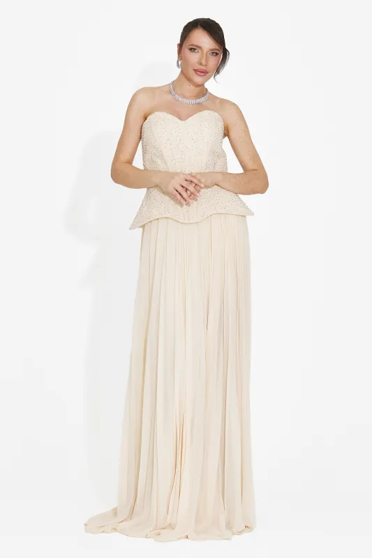 Rochie dama lunga bej Mivea Bogas made by bogas