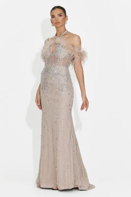 Rochie dama lunga bej Irmgard Bogas made by bogas