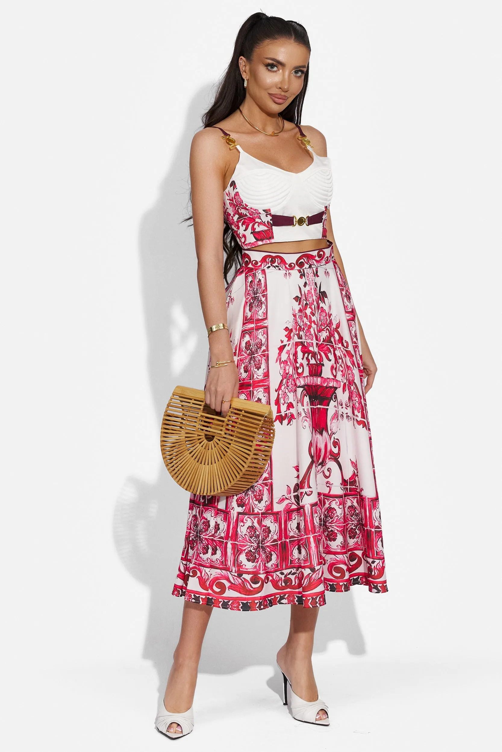 Compleu cu fusta dama elegant alb rosu Moniha Bogas sold by bogas