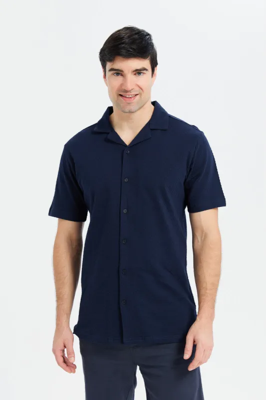 Men Navy Textured Crepe Resort Shirt sold by Redtag
