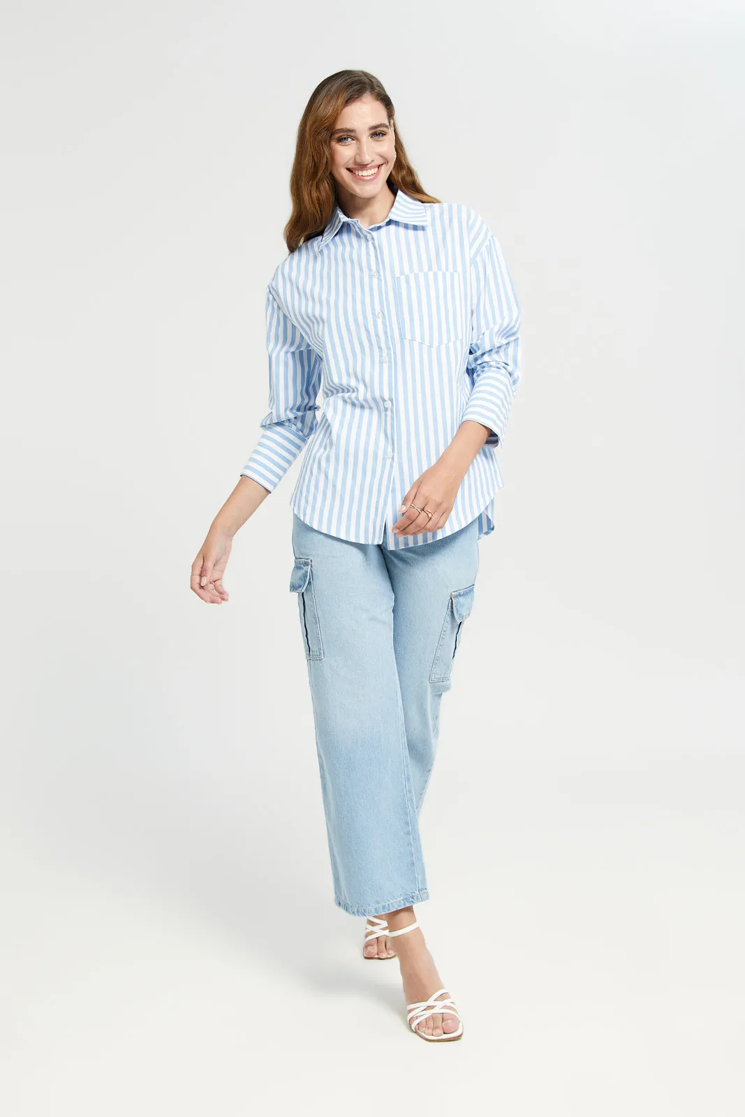 Women Blue Stripe Oversize Shirt sold by Redtag product image thumbnail 2
