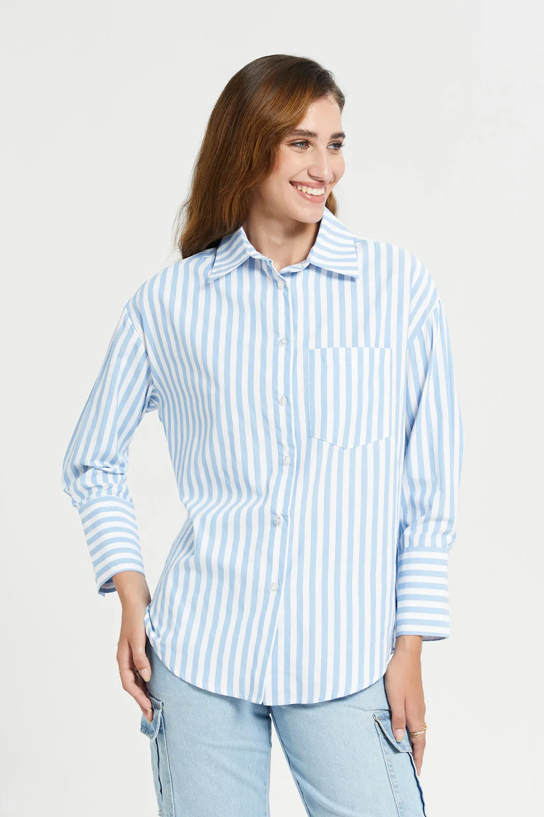 Women Blue Stripe Oversize Shirt sold by Redtag