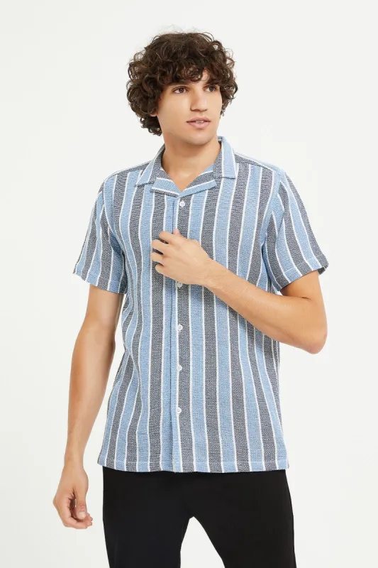 Men Blue Loose Knit Striped Shirt sold by Redtag