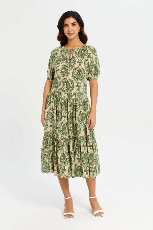Women Beige And Olive Printed Tiered Dress sold by Redtag