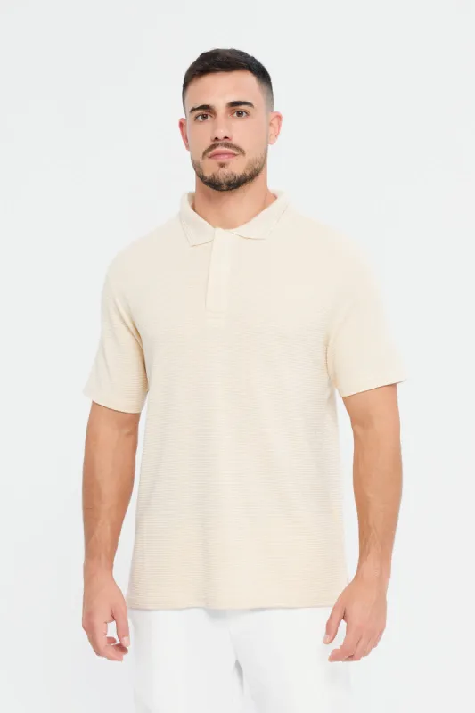 Men Beige Jacquard Polo Shirt sold by Redtag