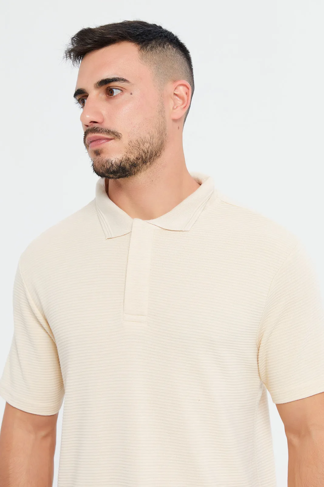 Men Beige Jacquard Polo Shirt sold by Redtag product image thumbnail 4