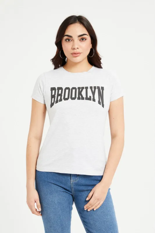 Women Grey Melange Brooklyn Printed T-Shirt sold by Redtag